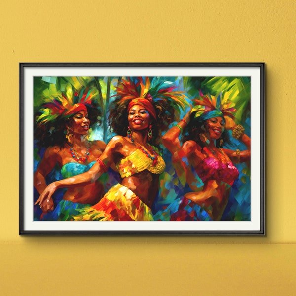 Caribbean Carnival Art: Three Women Dancing in Vibrant Costume  in Trinidad Jamaica Grenada St Lucia or Antigua Giclee Print or Silk Finish