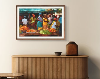 Caribbean Market Painting FRAMED, West Indies Life Art - Semi gloss or Matte (Fine Art)