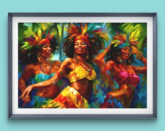 Caribbean Carnival Art: Three Women Dancing in Vibrant Costume  in Trinidad Jamaica Grenada St Lucia or Antigua Giclee Print or Silk Finish