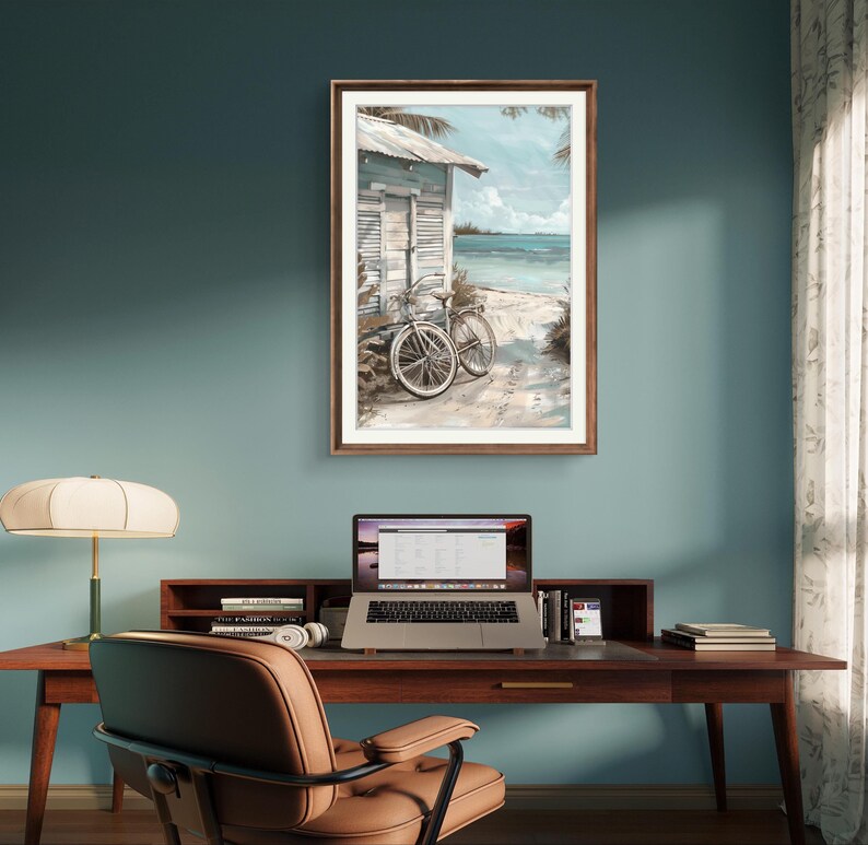 Bike on Beach Cottage Wall Art, Caribbean Beach, Contemporary Grey Blue