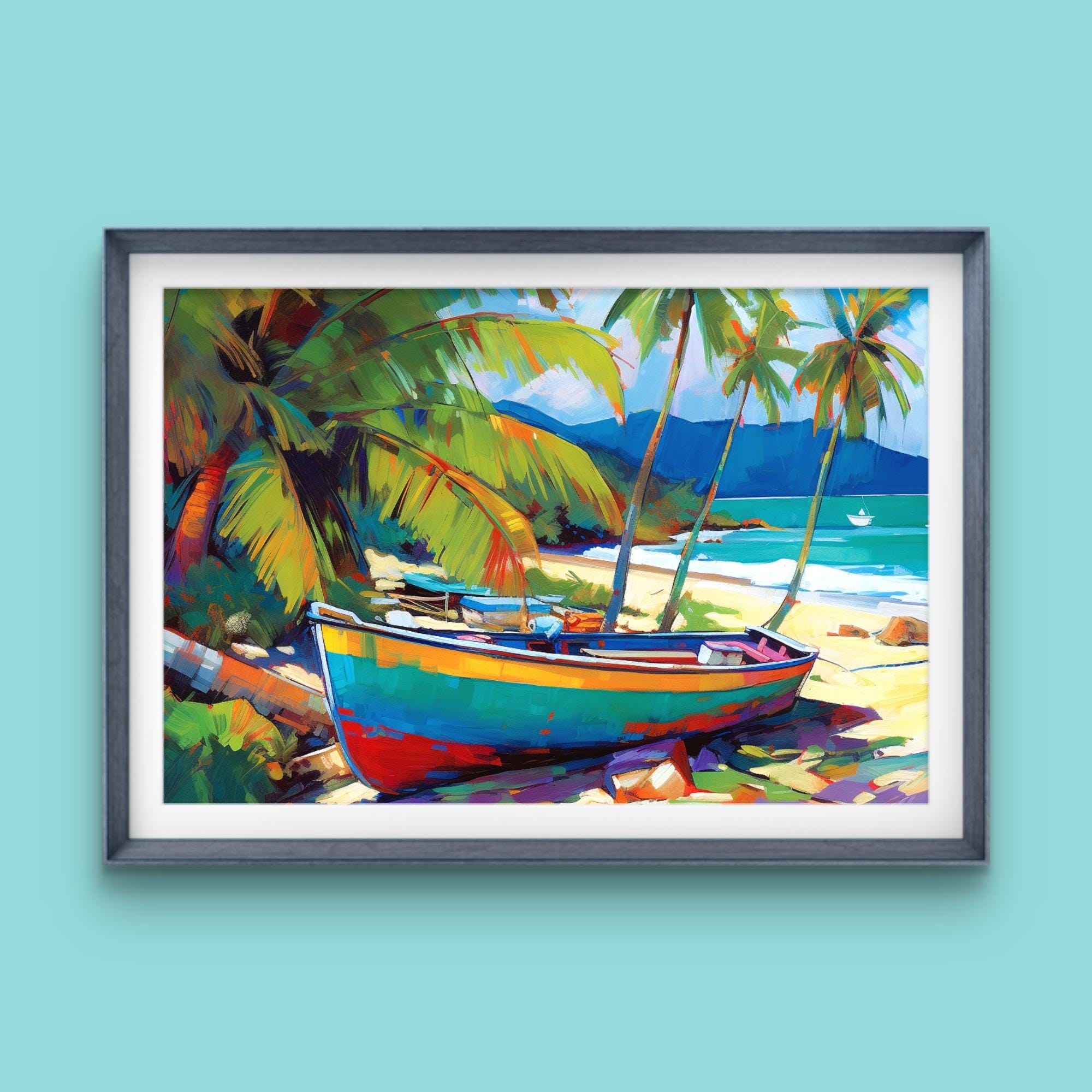 Caribisch strand met vissersboot, Caribische muurdecoratie