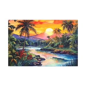 Può includere: Un dipinto ad acquerello di un tramonto tropicale con un fiume che scorre attraverso una lussureggiante giungla. Il sole tramonta dietro le montagne, proiettando un bagliore caldo sulla scena. Le palme costeggiano le rive del fiume e l'acqua è di un blu vibrante.