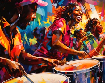 Dipinto artistico di Trinidad raffigurante una banda che suona musica carnevalesca, regalo caraibico, arte di Trinidad, stampa giclée o su tela o stampa su piastra in acciaio incorniciata