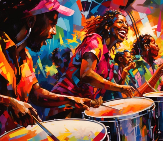 Trinidad Art Painting of Band Playing Carnival Music, Caribbean