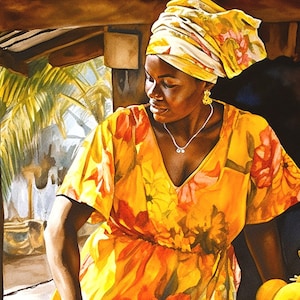 Caribbean Market Scene of Lady Selling Mangoes, Mango Print, Caribbean Print, Caribbean Gift, Jamaican Art Gift