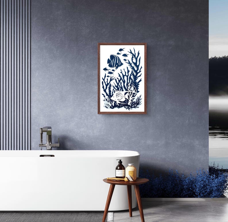 Nautical Fish Poster, Home Beach House Decor, Navy Blue White Angel