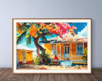 Grenada Artwork Poster Print of Caribbean House with Mango Tree | Tropical Village Street Scene | Colorful Wall Art Caribbean Home Art Print