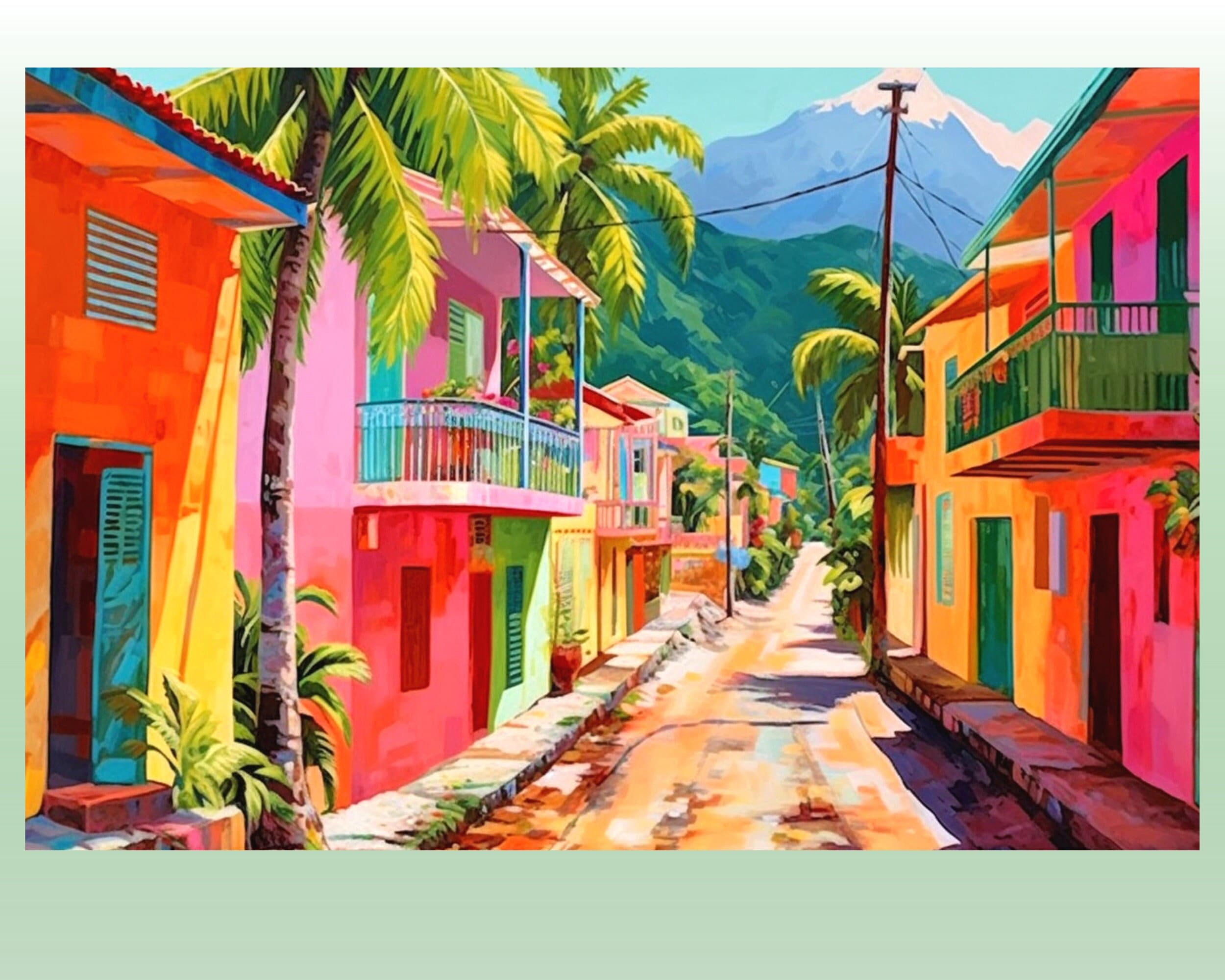 Caribbean Canvas of Colourful Village in Dominica or Jamaica or