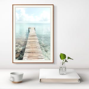 Karibik Pier Dock Steg Kunst, Gedämpfte zeitgenössische Wanddekoration, Ozean Meerwasser, Nautische Wohnkultur, Tropisches Kunstwerk, Strand Poster Druck,