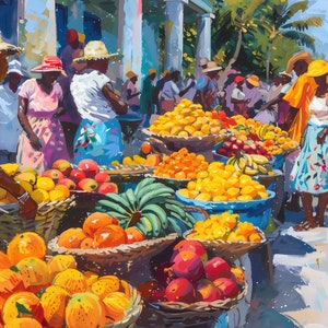 May include: A vibrant outdoor market scene featuring people wearing straw hats and colourful clothing, standing behind and around large woven baskets and blue plastic bins overflowing with fresh tropical fruits like oranges, mangoes, and bananas.
