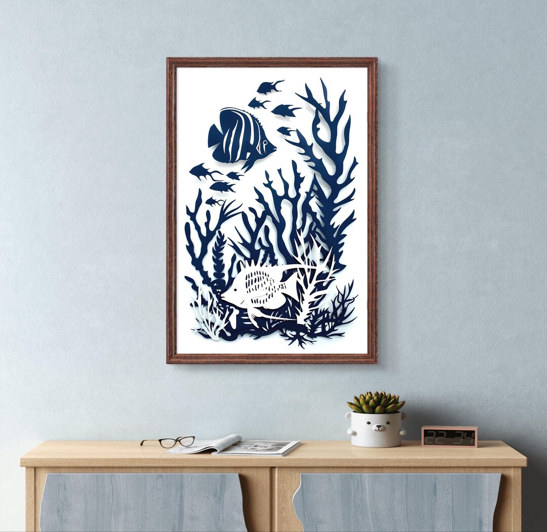 Nautical Fish Poster, Home Beach House Decor, Navy Blue White Angel