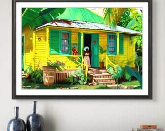 Painting of Caribbean Chattel House, Caribbean Art Print Gift or Home, Silk Poster Print with Gloss or Matte Giclee, Caribbean Wall Decor