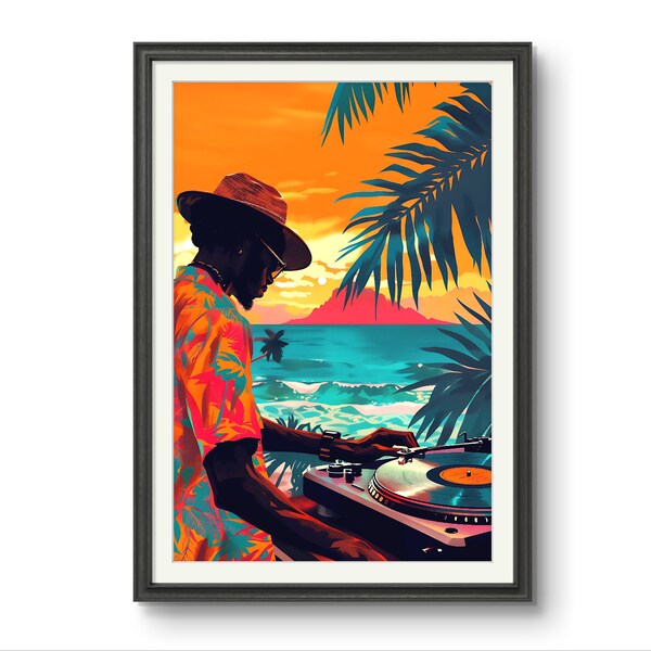 Man Cave Print Caribbean DJ Print Colorful Psychedelic Style Artwork Pink and Orange Poster Black Man Wall Art