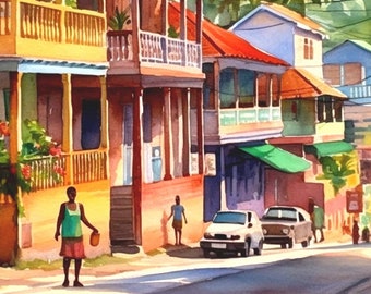 Caribbean Street Scene Art Print – West Indies Watercolor Poster