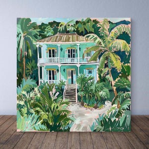 Caribbean House Canvas Romantic Print Mint and Green Print Tropical Home