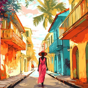 Caribbean Wall Art | Silk Poster Print | Gift for Her | Trendy Art | Tropical Decor | Colourful Street Scene in West Indies, Tropical Art