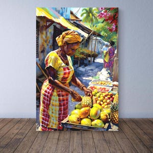 Dominica Art Karibik Markt Frau Wand Kunst Karibik Druck mit Madras und Südfrüchte Stand Traditionelle karibische Kultur Kunst