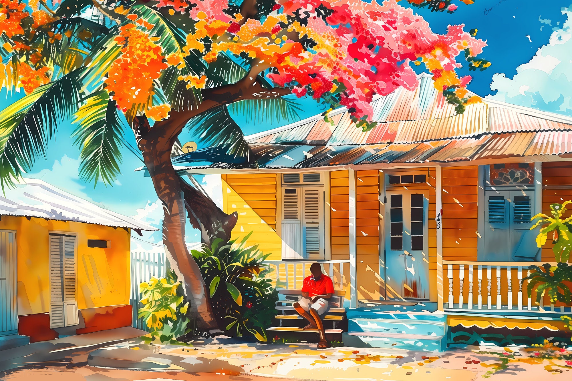 Grenada Artwork Poster Print of Caribbean House With Mango Tree