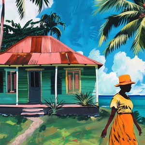 Caribbean House Art with West Indian Woman Tropical Artwork Rolled Poster Ready to Frame