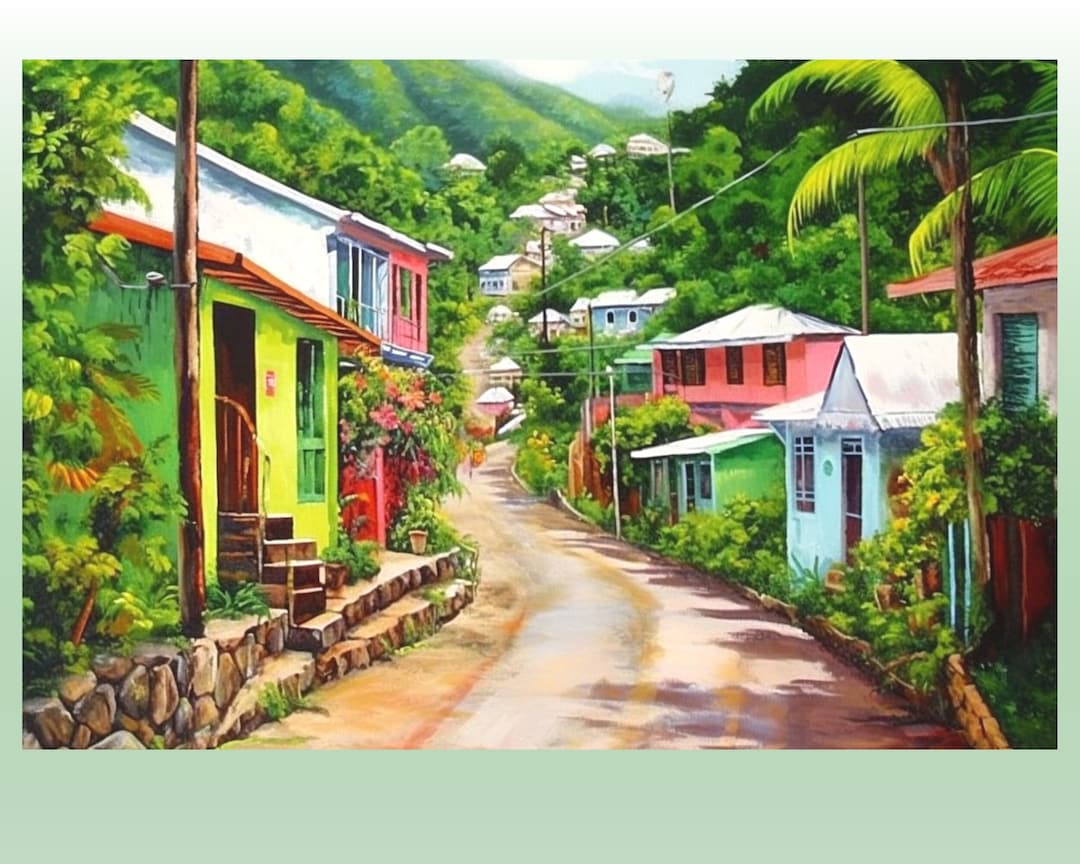 Grenada Art Canvas Painting of Village Road, Caribbean Wall Art