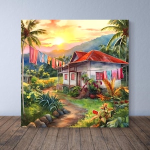 House in Jamaica Hills, Caribbean Canvas Art, Jamaican Art piece - 12x12 or 16x16 small canvas, Makes a nice gift for a Jamaican Dominican