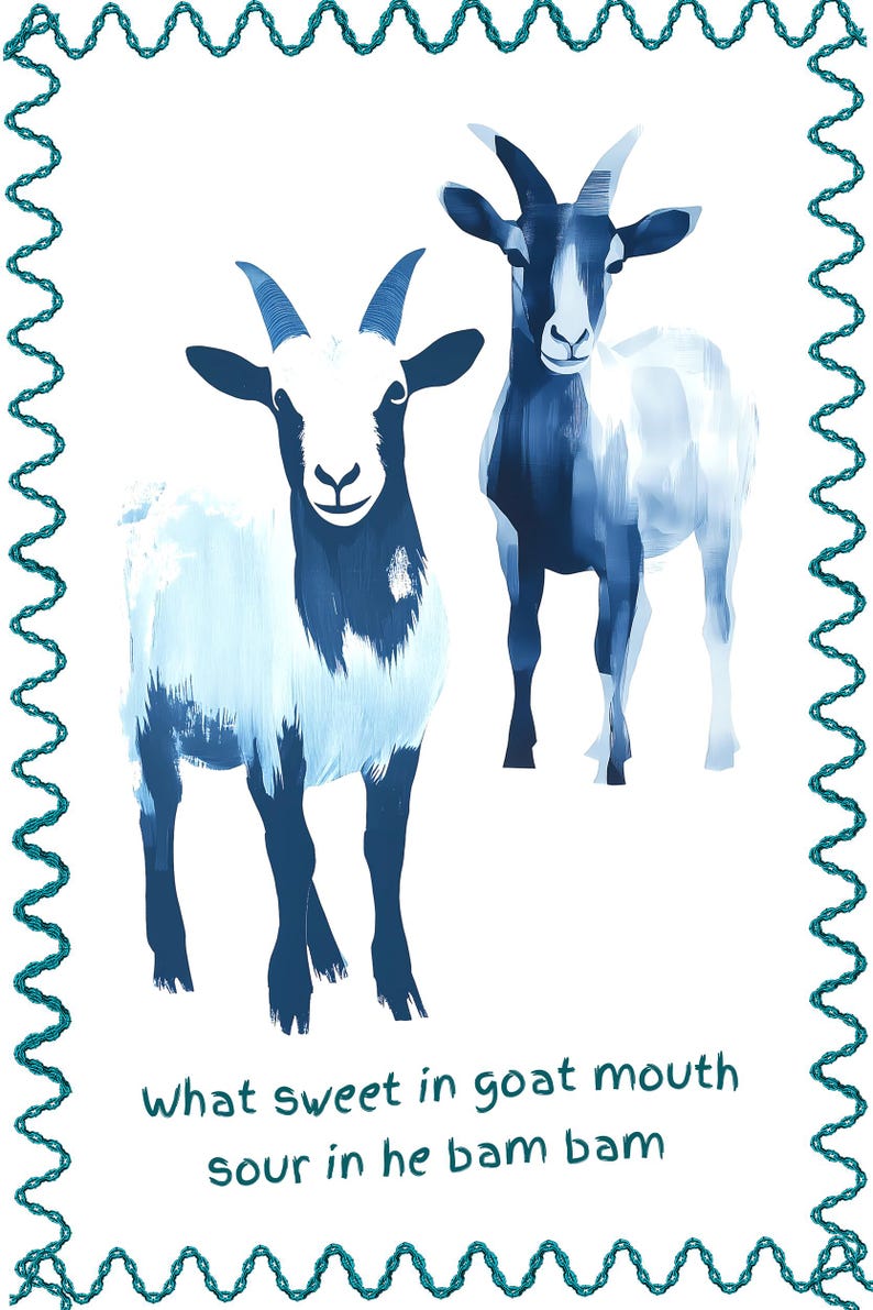 Caribbean Proverb Poster, Goat Illustration Blue Border, Jamaican Decor