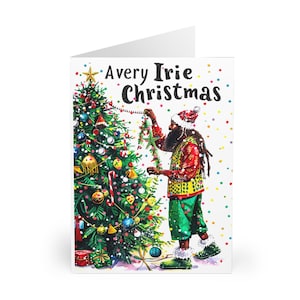 Pacote com 5 cartões de Natal Rasta - "Um Natal Muito Irie" com Poema Cartão Reggae de Papai Noel Negro para Índias Ocidentais, Tema Tropical de Ilha do Caribe