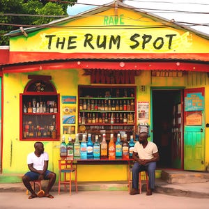 Caribbean Art of Rum Shop in Jamaica or Other Caribbean Island Yellow and Green Bright Poster Print in Silk Finish or Giclee Print