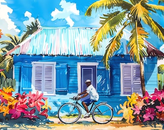 Stampa di una casa caraibica blu, acquerello tropicale, arte delle Indie occidentali, stampa stravagante, opera d'arte pastello, stampa d'arte caraibica, opera d'arte di una bicicletta