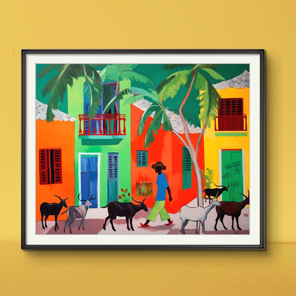 Haiti Folk Art Naive Style Goat Print