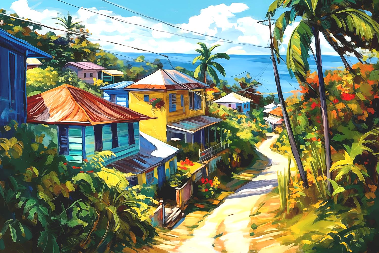 Jamaican Hillside Street Scene Wall Art Caribbean Village Painting