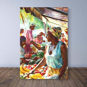 May include: A vibrant painting depicts a bustling outdoor market scene. People are shown interacting with each other and with the various fruits and vegetables on display. The artwork features a warm color palette, with a focus on the ripe produce.