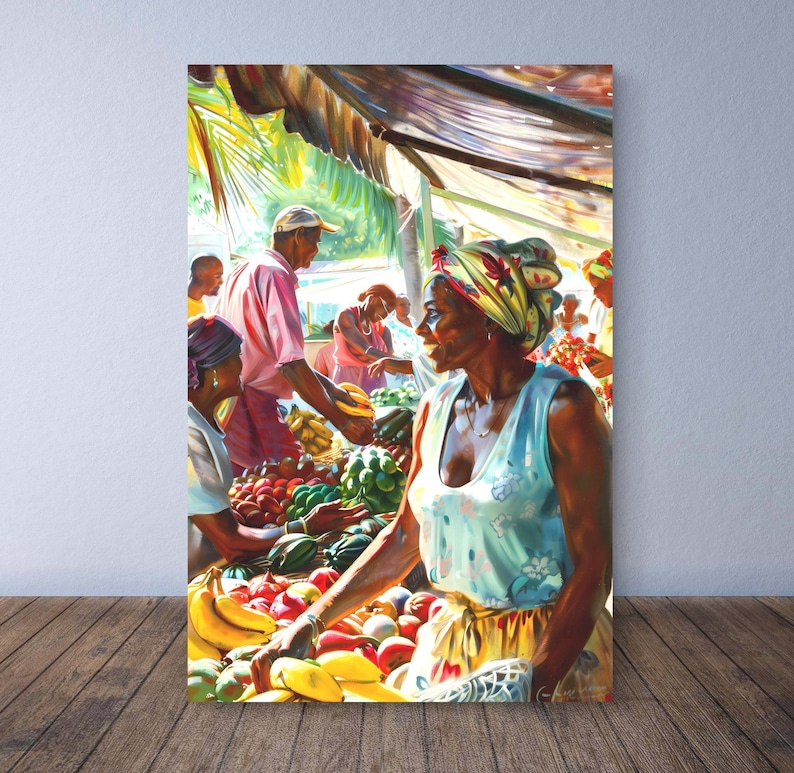 May include: A vibrant painting depicts a bustling outdoor market scene. People are shown interacting with each other and with the various fruits and vegetables on display. The artwork features a warm color palette, with a focus on the ripe produce.