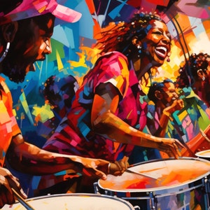 Caribbean art Print of Trinidad musicians playing drums, with a woman laughing. The artwork uses bold strokes and a palette of bright colours, including orange, red, blue, and yellow, creating a sense of energy and celebration.
