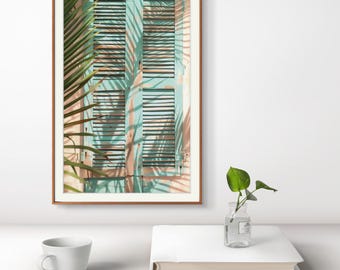 Caribbean House Shutter Image, Pale Peach Aqua, Muted Colours, Contemporary Living Room Decor Rolled Posters Tropical Island Poster
