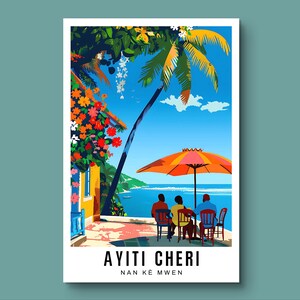 Haiti Poster Print with Ayiti Cheri Gift for Haitian Red Umbrellas and Friends Overlooking Beach