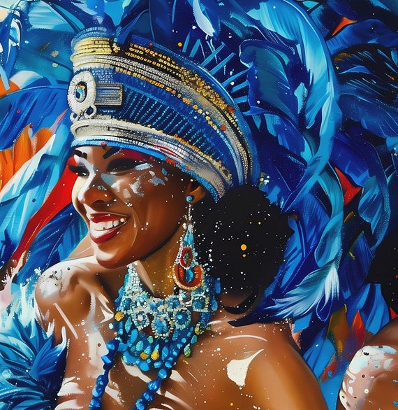 Vibrant Caribbean Carnival Art Print | Blue Wall Decor | Tropical
