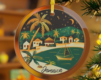 Jamaica Christmas Ornament, 3.5" Gold and Green Glass Tree Decoration with Black Design, Featuring Caribbean Village and Boat West Indies