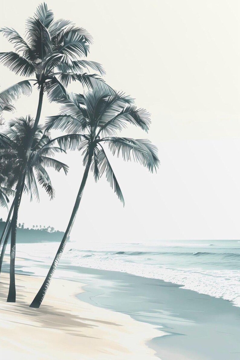 Caribbean Beach Poster, Palm Tree Wall Decor, Neutral Beach Print, Grey