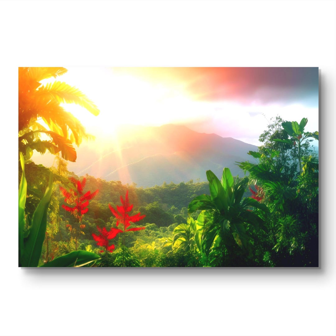 Arte jamaicano del amanecer sobre las montañas: Pintura de paisaje tropical  al amanecer con luz etérea - Etsy México, image size:1080x1080