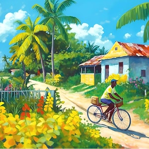 Tobago Art, Man on Bicycle in Flowers, Caribbean Art Print, Caribbean Wall Decor, West Indian Painting, Matte poster print, West Indies Art