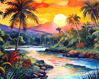 Jamaican River Sunset Art Print, Caribbean Palm Trees