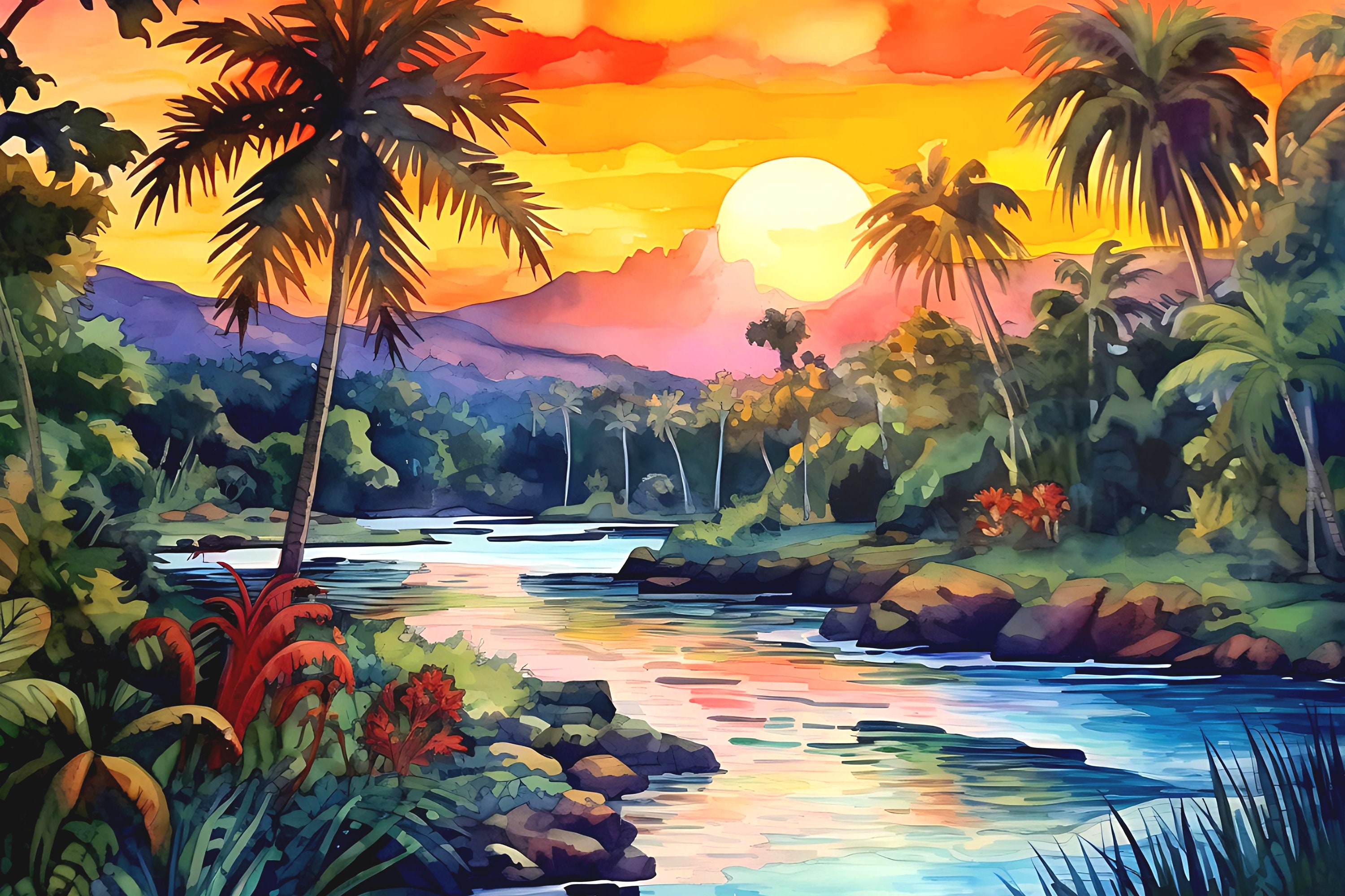 絵画 destination Jamaican River Sunset Art Print, Caribbean Palm Trees - Etsy