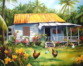 Può includere: Un dipinto che raffigura una casa bianca in legno con tetto giallo, circondata da una lussureggiante vegetazione e palme. Ci sono tre galline nel cortile, due marroni e una bianca.