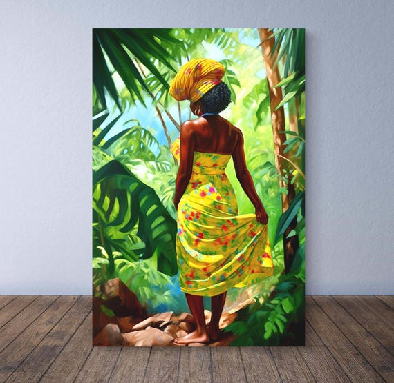 painting of lady in yellow dress Jamaica Art Print: Woman by the River and Headscarf Caribbean Wall Decor for Home or Gift FALL/HOLIDAY