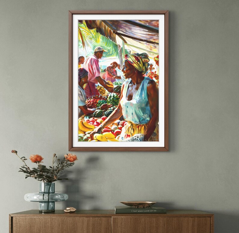 May include: A framed painting depicts a vibrant outdoor market scene. A woman in a blue top and patterned headscarf stands near a table laden with colorful fruits and vegetables. Other figures are visible, creating a bustling atmosphere under a canopy.