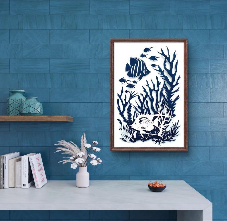 Nautical Fish Poster, Home Beach House Decor, Navy Blue White Angel