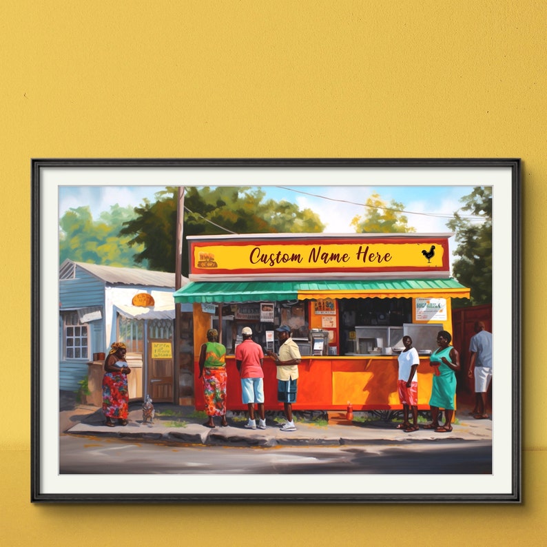 May include: A colorful illustration of a small food stand with a green awning and a sign that reads "Custom Name Here". There are several people standing in line to order food. The stand is painted in bright yellow, orange, and red colors.