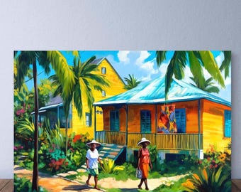 Caribbean Print of Ladies Walking in Jamaican Village, Caribbean Wall Decor for Gift or Home, Yellow Chattel House, Caribbean Gift