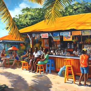 Lámina artística caribeña de un bar de playa en San Martín o Anguila